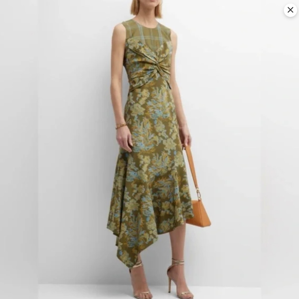 Lafayette148 New York Patchwork Asymmetric Midi Dress, Chive Green, Size 12 - Picture 2 of 16